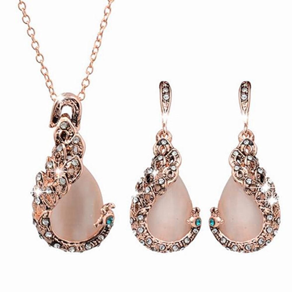 Women Elegant Peacock Gemstone Waterdrop Rhinestone Pendant Necklace Earrings Jewelry Set