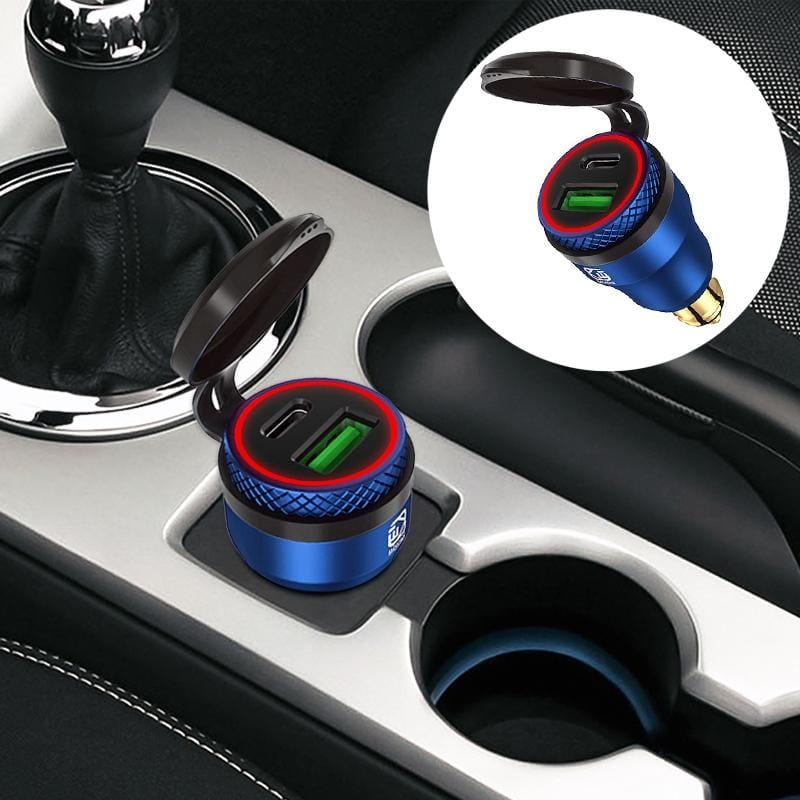 Motorcycle European-style Small-caliber Aluminum Alloy QC 3.0 + PD Fast Charge USB Charger, Shell Color:Blue (Red Light)
