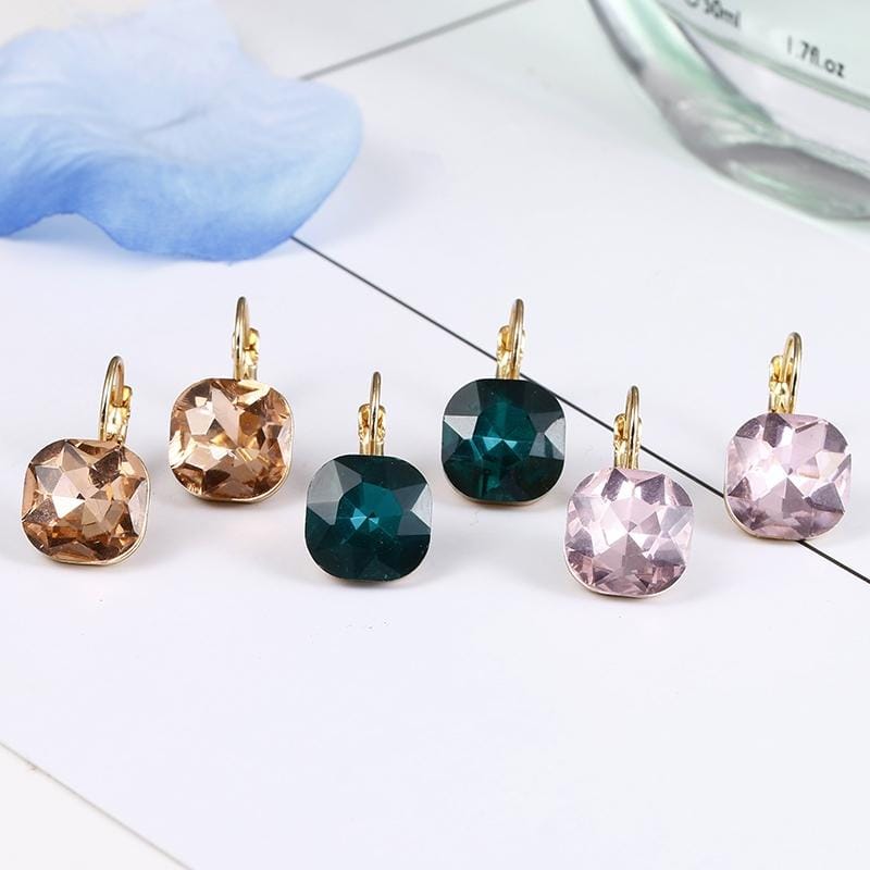 Women Fashion Color Square Stud Earrings Crystal Rhinestone Earring (Green)