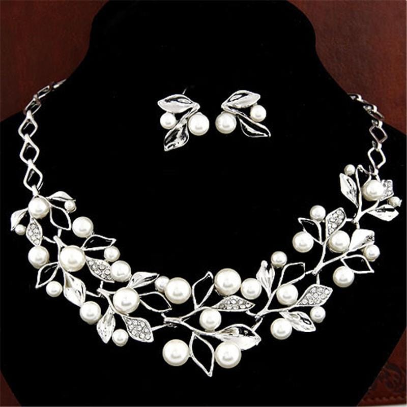 Leaf Crystal Simulated Pearl Wedding Jewelry Necklaces Earrings Sets (Gold)