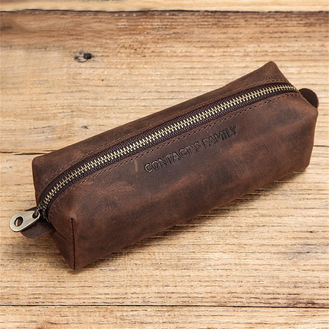 CONTACTS FAMILY CF9001 Simple Retro Crazy Horse Leather Zipper Pencil Case Pen Bag (Coffee)