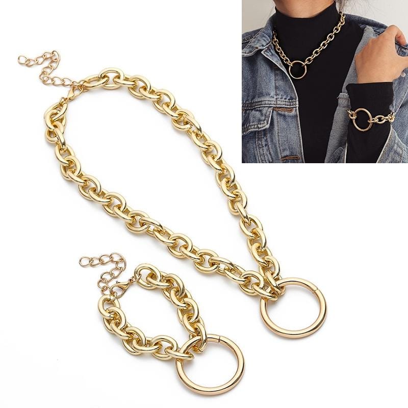 Vintage Punk Metal Circle Simple Necklace Jewelry Sets (Golden Set)