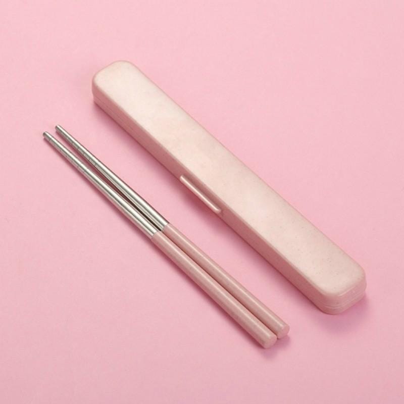 304 Stainless Steel Chopsticks + Wheat Straw Boxed Set Portable Takeaway Travel Tableware, Style:Clamshell (Pink)