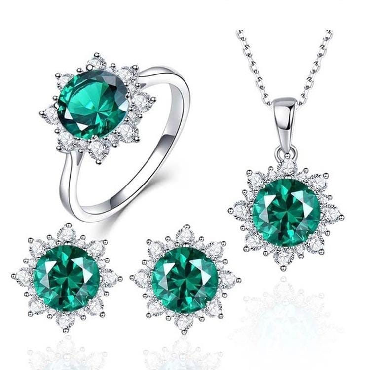 3 PCS/Set Snow Shape Gemstone Jewelry Set For Women, Ring Size:9 (Green)