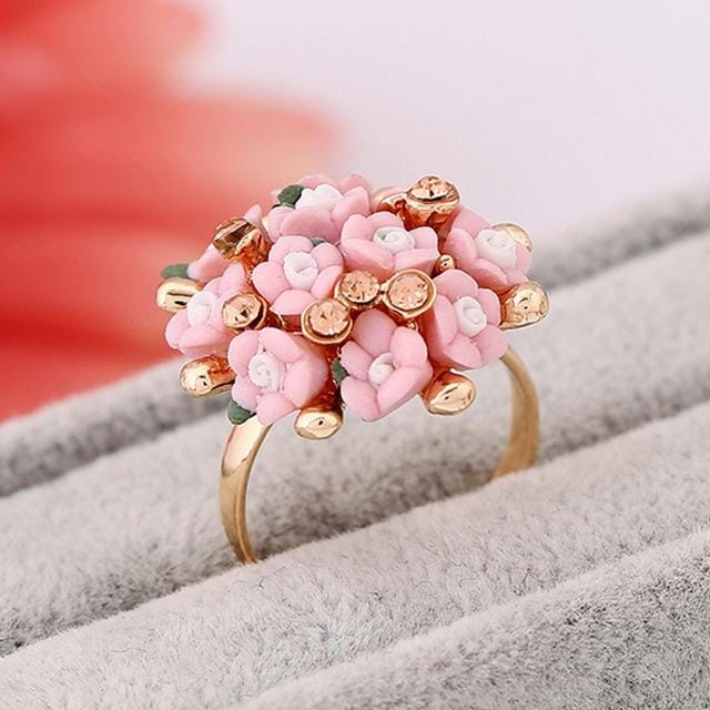 Fashion Ceramic Flower Ring for Women Adjustable Wedding Rings Jewelry (Light Pink)