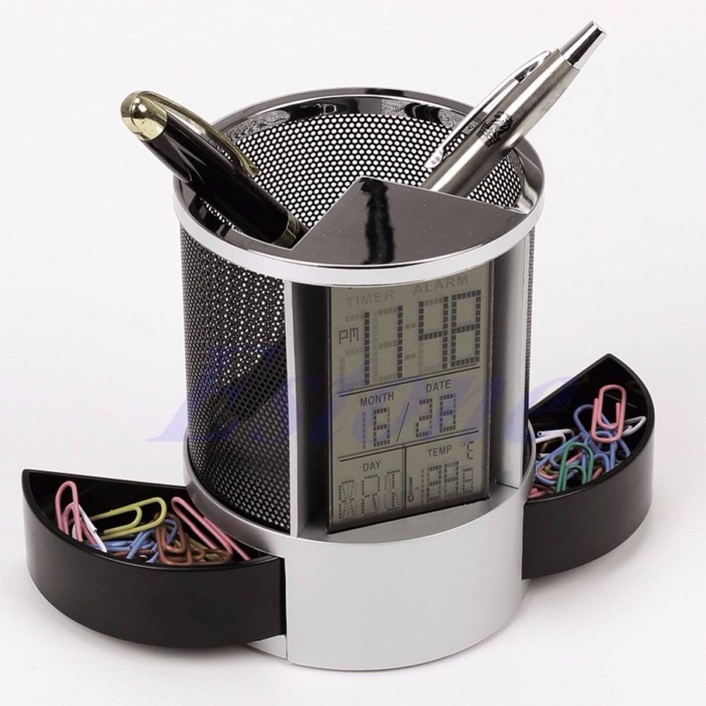 Desk Mesh Pen Pencil Holder Perpetual Calendar Office Supplies Multifunctional Digital LED Pens Storage Box (Blue)