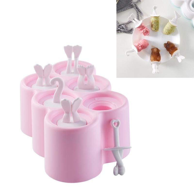 Creative Cartoon Feet Shape Silicone Ice Cube Mold Set Household Frozen Ice Lattice Refrigerator Square Plastic Ice DIY Food Supplement Box with Lid, Style:Without 6 Handles (Pink)