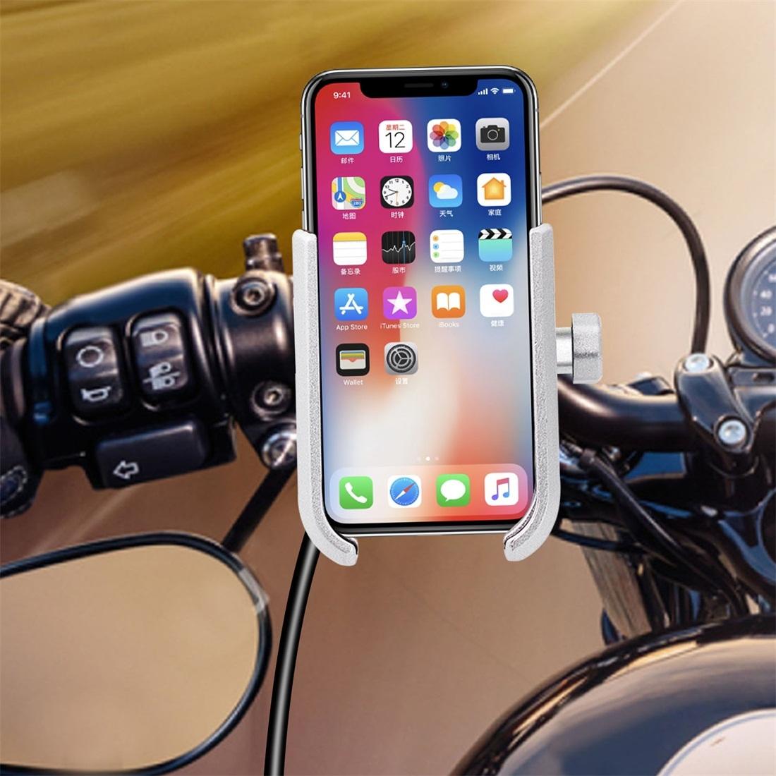 CS-856C1 Motorcycle Rotatable Chargeable Aluminum Alloy Mobile Phone Holder, Handlebar Version (Silver)