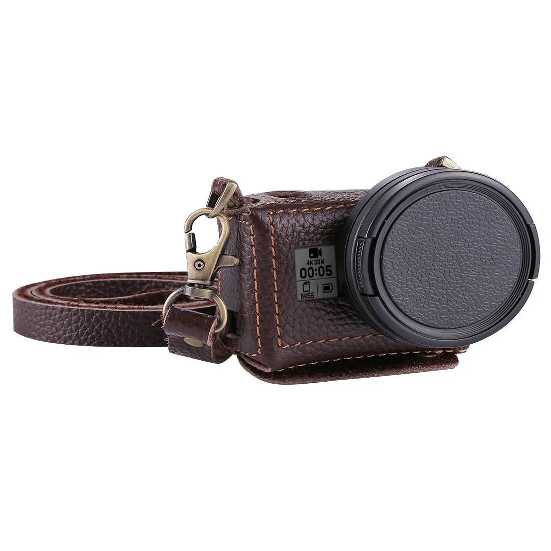 PULUZ for GoPro HERO7 Black /6 /5 Litchi Texture Genuine Leather Housing Case with Set Key Hole & Neck Strap & 52mm UV Lens (Brown)