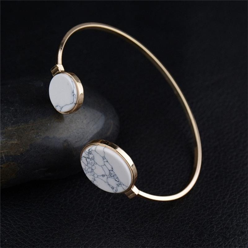 Faux Marble Stone Round Geometric Bangle Gold Circle Cuff Bangle Bracelet (White)