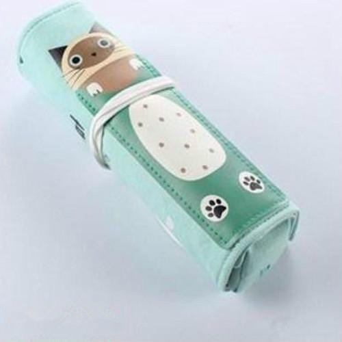 Cat Pattern Pencil Case School Pencil Case Canvas Roll Up Pencil Bag Portable Pencil Box School Supplies (Grass Green Cat)