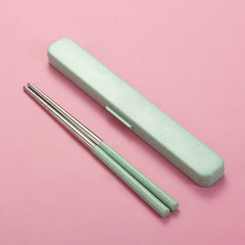 304 Stainless Steel Chopsticks + Wheat Straw Boxed Set Portable Takeaway Travel Tableware, Style:Clamshell (Green)