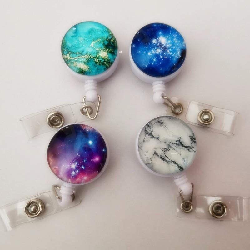 2 PCS Night Starry Sky Marble Crack Puller Retractable Buckle Lanyard Business Key Buckle Card Holder Aqua Blue Crocodile Clip