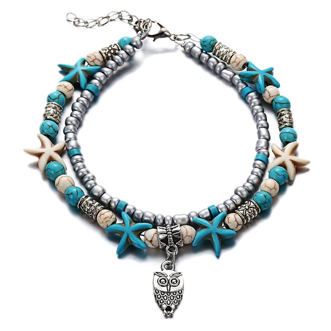 Vintage Shell Starfish Sea Beads Turquoise Beads Anklets Dual-Layer Anklet  Bracelets (Owl)