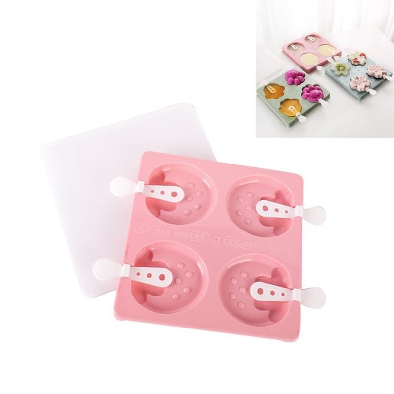 Household 4 Grid Ice Maker Popsicle Ice Cream Mold with Stick & Lid, Style:Strawberry (Pink)
