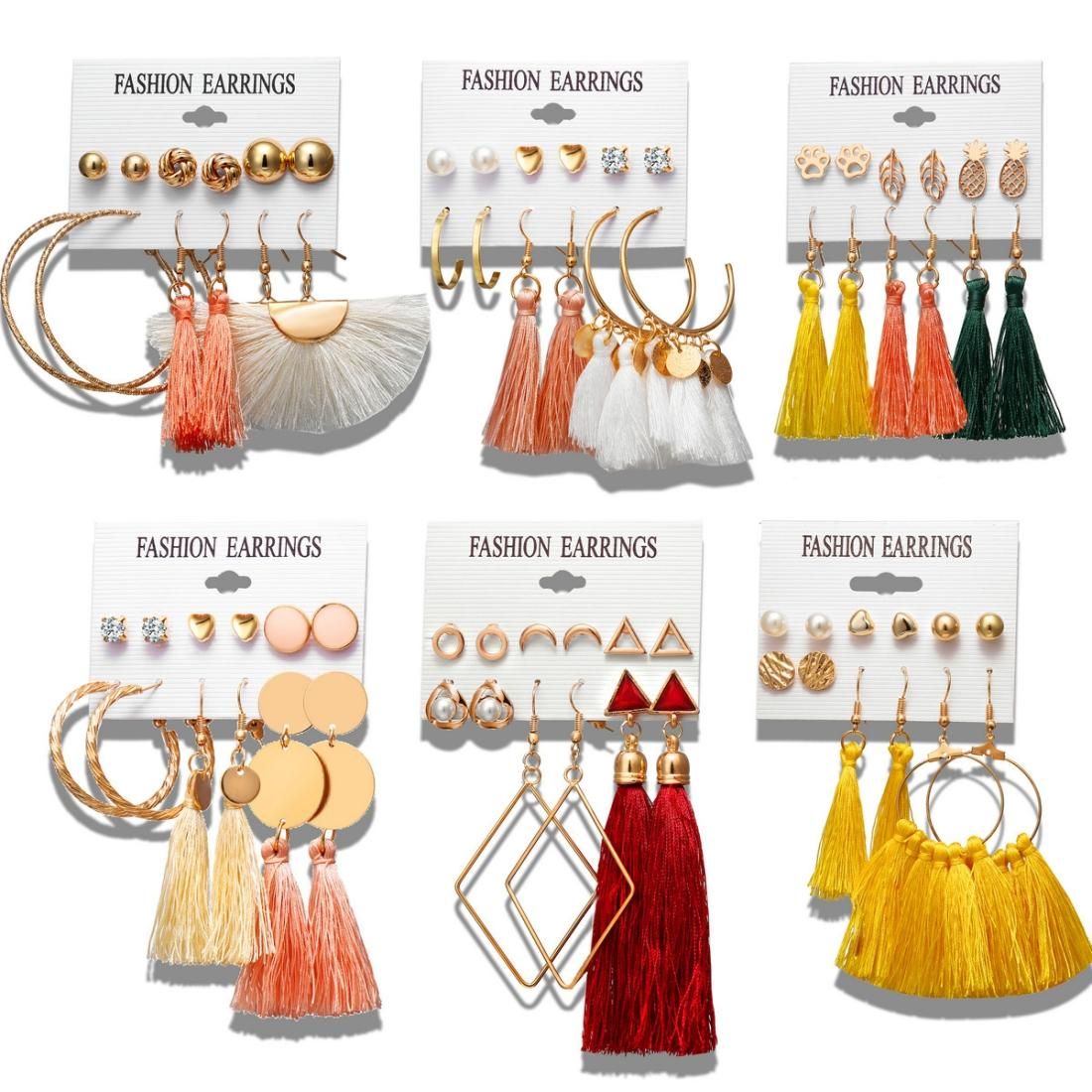 Women Long Tassel Stud Earrings Set Bohemian Flower Heart Earring (B11-02-05)