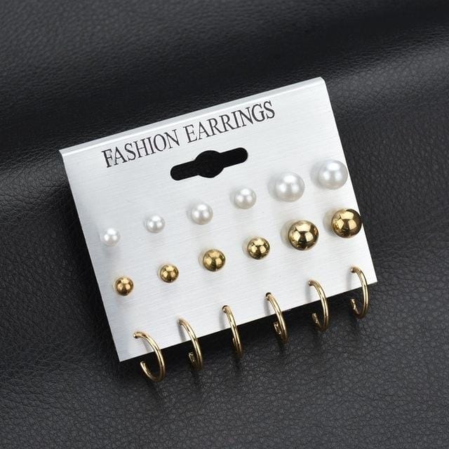 Square Crystal Stud Earrings Pearl Flower Earrings Set for Women (Gold Earrings)