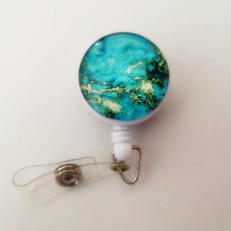 2 PCS Night Starry Sky Marble Crack Puller Retractable Buckle Lanyard Business Key Buckle Card Holder Aqua Blue Crocodile Clip