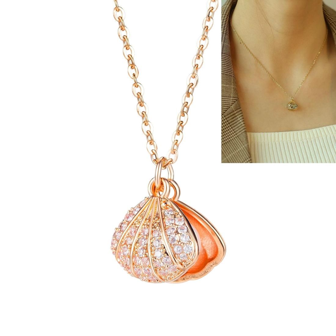 OPK 003 Diamond Shell Pearl Necklace Fan-shaped Pendant Clavicle Chain (Rose Gold)