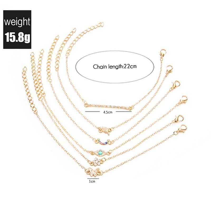 6 PCS/Set Punk Butterfly Eye Star Moon Leaves Crystal Gem Shiny Gold Multilayer Chain Bracelet (Gold)