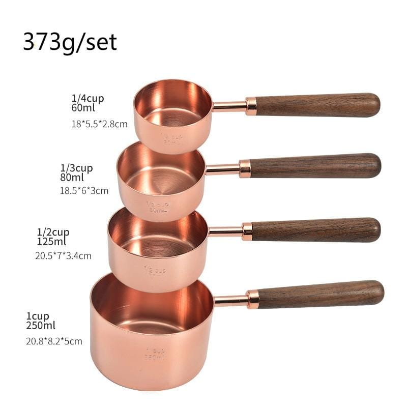 4 PCS / Set Measuring Cup Walnut Handle Copper-Plated Kitchen Baking Tools Bartender Scale Measuring Set