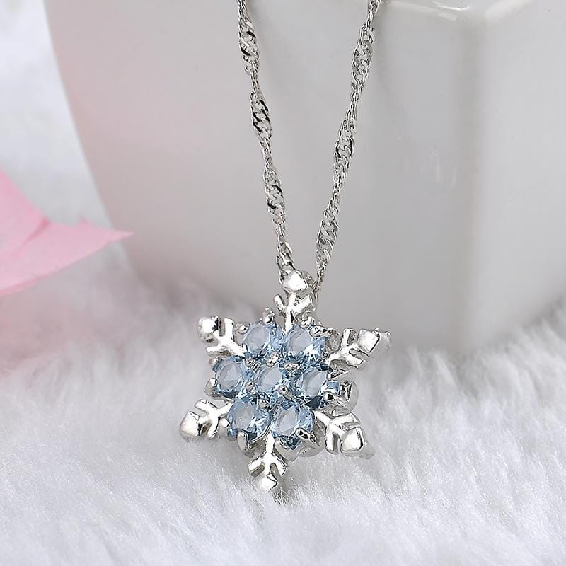 Charm Vintage Crystal Snowflake Zircon Flower Silver Necklaces Pendants Jewelry Gift for Women (Sky Blue)