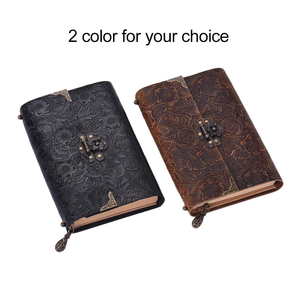 Embossed Pattern Soft Leather Travel Leather Notebook Diary Notepad with Lock & Key (Brown)