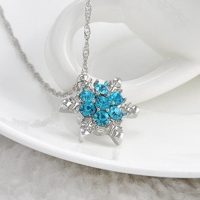 Charm Vintage Crystal Snowflake Zircon Flower Silver Necklaces Pendants Jewelry Gift for Women (Sky Blue)