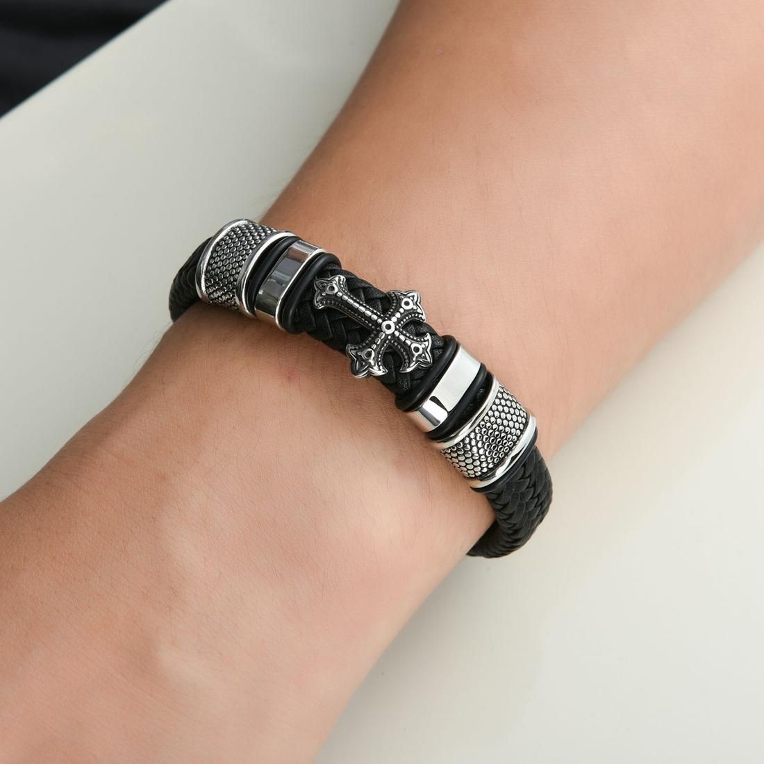 Multi-layer Handmade Leather Chain Weaved Man Stainless Steel Wristband Bracelets, Length:24cm (Black)