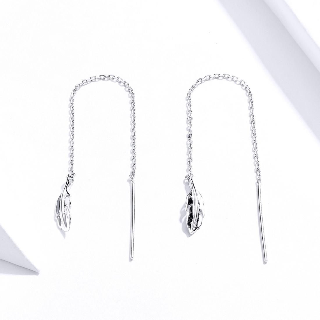 Feather Ear Line Sterling Silver Long Earrings Platinum Plated Simple Girl Earrings