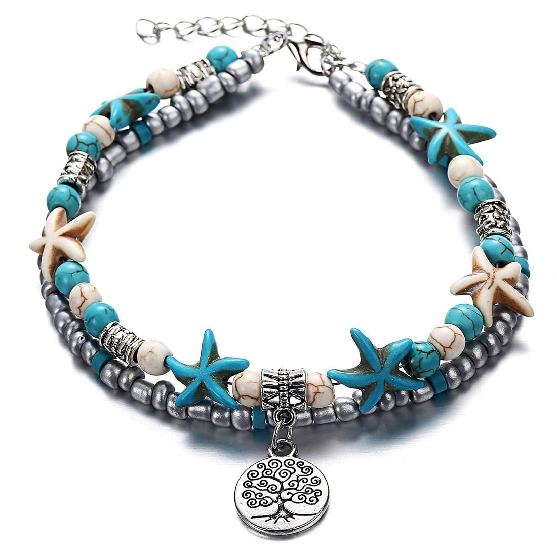Vintage Shell Starfish Sea Beads Turquoise Beads Anklets Dual-Layer Anklet  Bracelets (Tree)