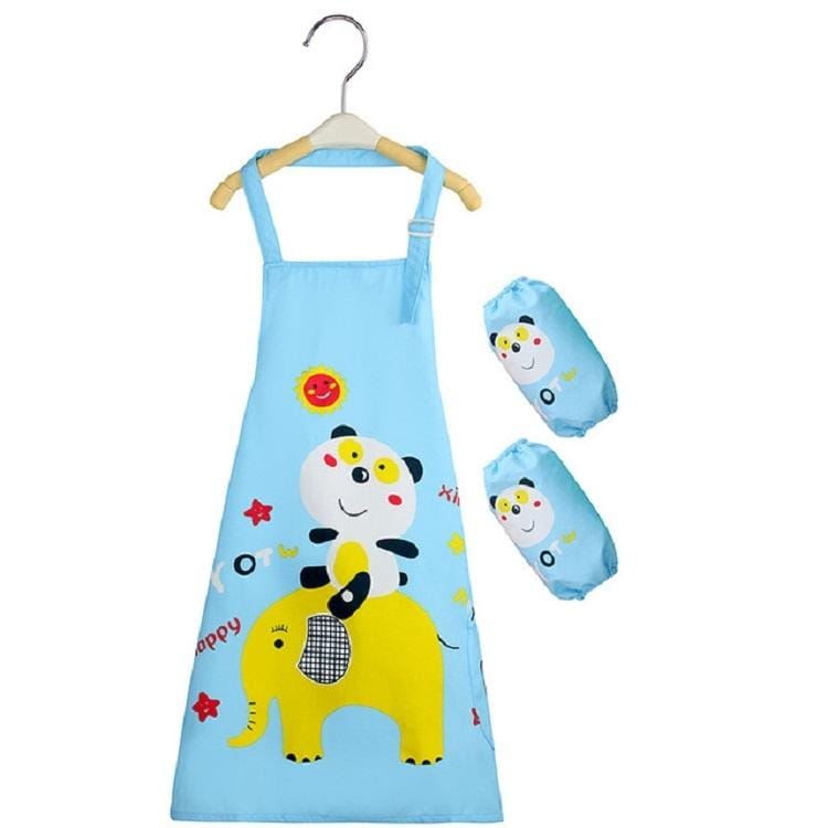 Cartoon Bear Waterproof Apron Disposable Wash Clothes for Children with Oversleeve (Blue)