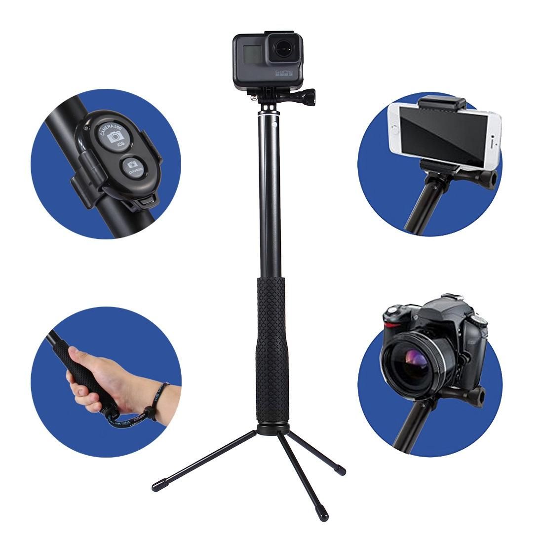Anti-skid Extendable Self-portrait Handheld Diving Telescopic Monopod Holder Set with Phone Remote Controller & Tripod & Phone Holder for GoPro & Xiaoyi Camera & Smartphones, Full Length Max: about 1m (Black)