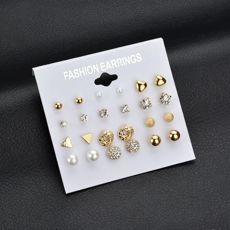 Square Crystal Stud Earrings Pearl Flower Earrings Set for Women (Black Card Silver Color)