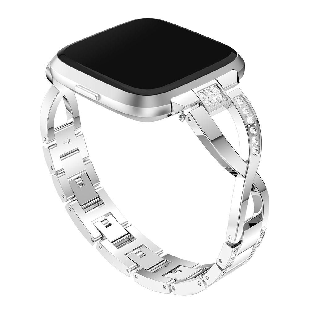 X-shaped Diamond-studded Solid Stainless Steel Wrist Strap Watch Band for Fitbit Versa Lite (Silver)