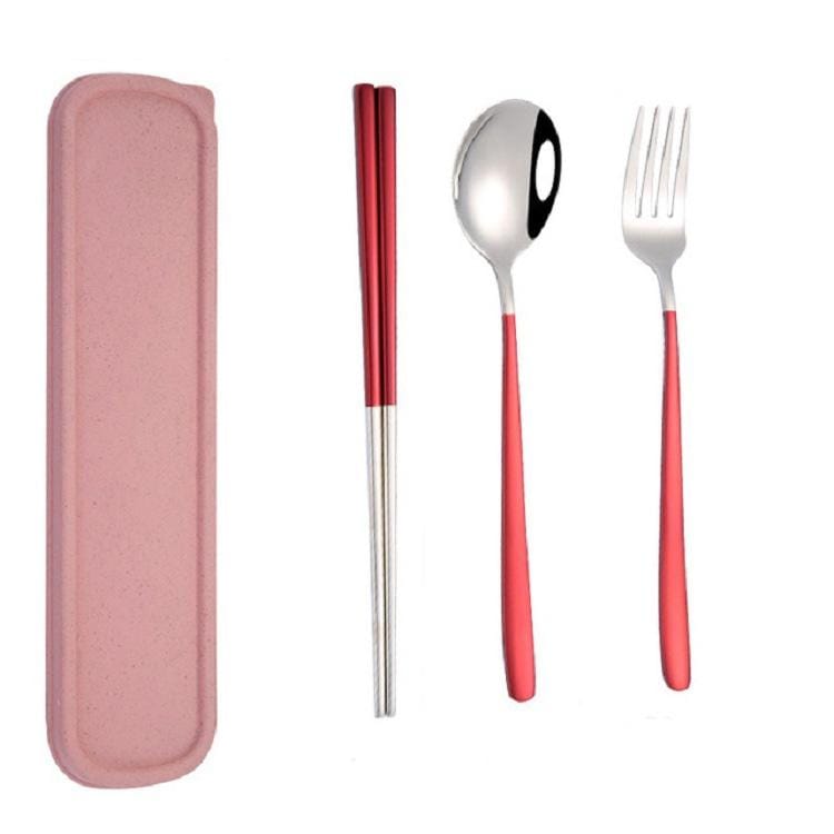 4 PCS / Set Portable Stainless Steel Tableware Creative Set Chopsticks Spoon Fork Gift, Color:Red