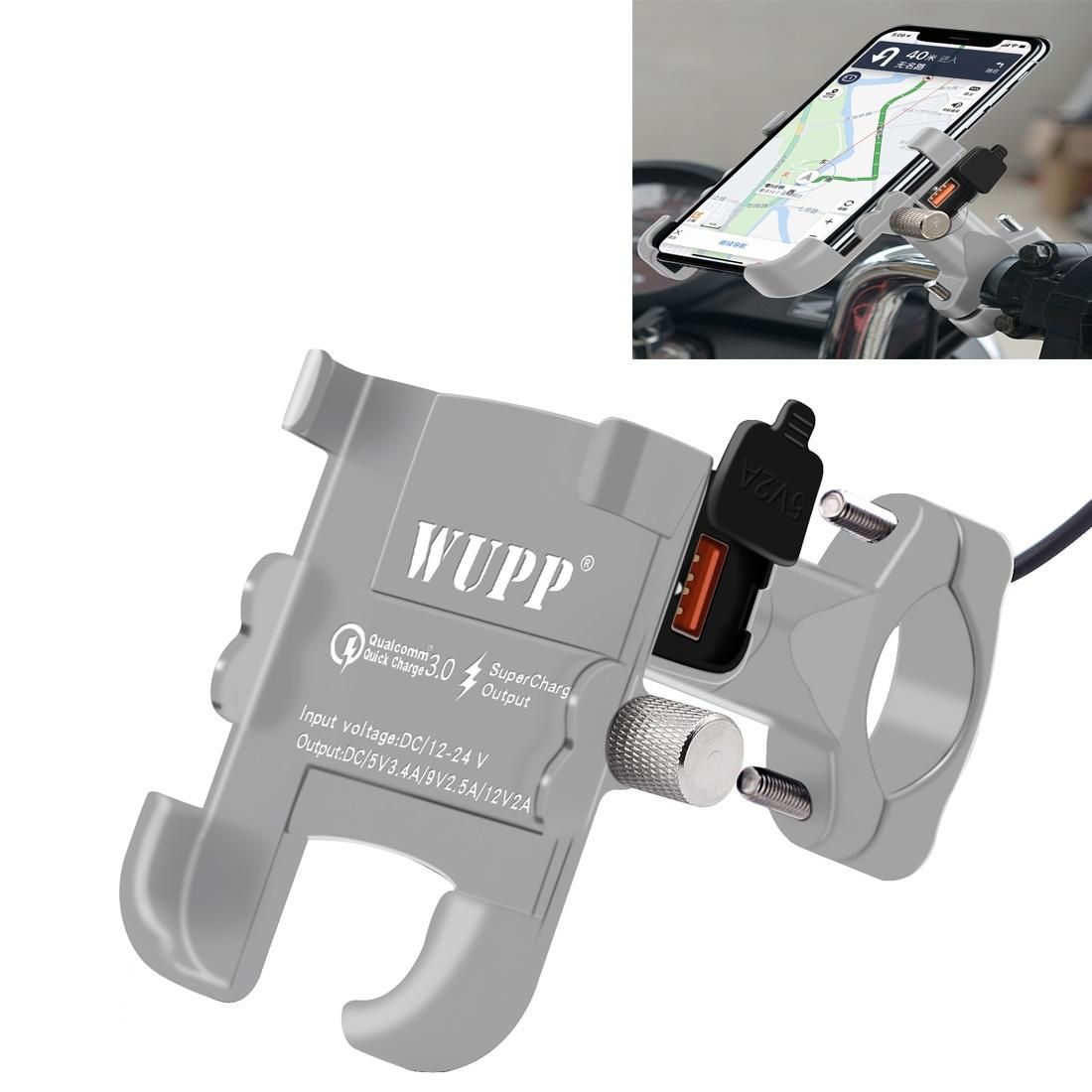 WUPP Motorcycle Waterproof QC 3.0 USB Port Fast Charger Adapter Aluminum Alloy Handlebar Mount with Switch (Silver)