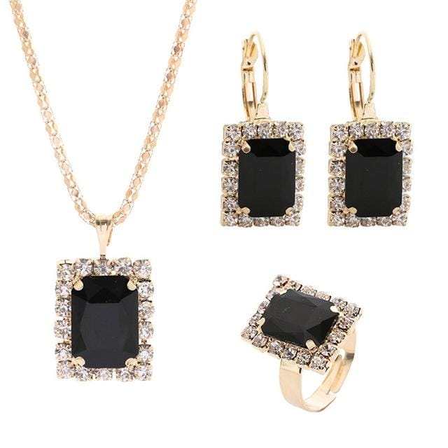 Square Crystal Necklace Earrings Ring For Women Jewelry Sets (Black)