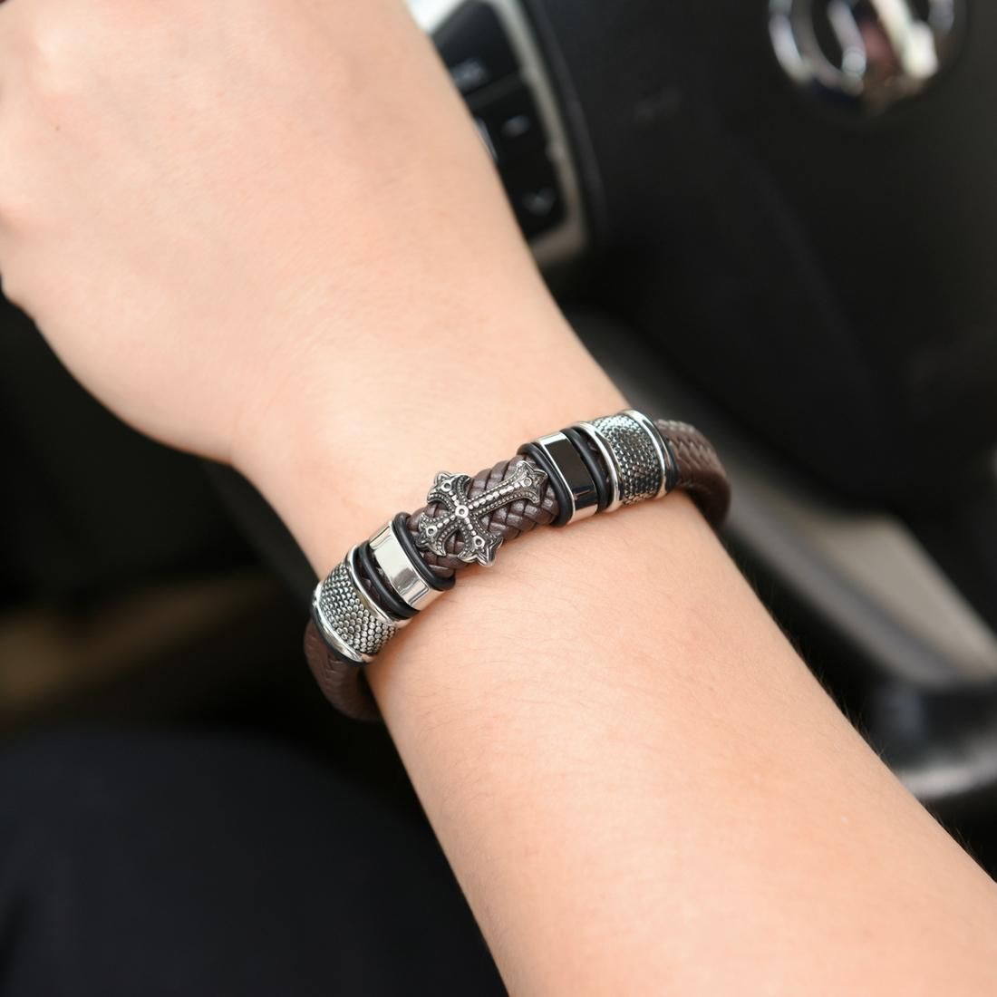 Multi-layer Handmade Leather Chain Weaved Man Stainless Steel Wristband Bracelets, Length:22cm (Brown)