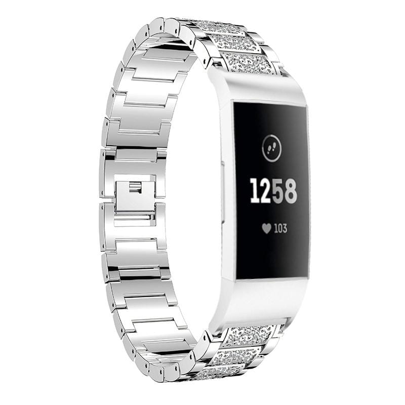 Diamond-studded Solid Stainless Steel Wrist Strap Watch Band for Fitbit Charge 3 (Silver)