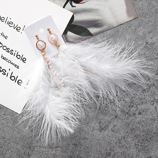 Fashion Sweet Feather Simulated Pearls Tassel Rhinestone Chains Long Dangle Earring for Women Jewelry (White)