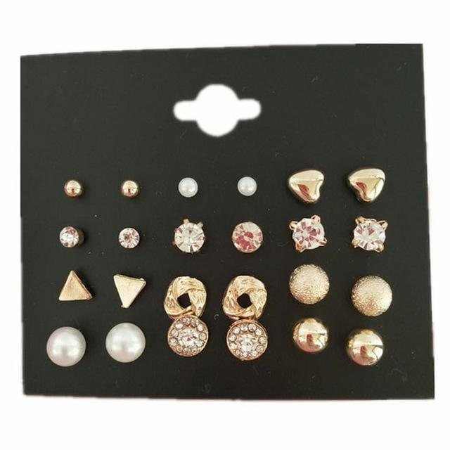 Square Crystal Stud Earrings Pearl Flower Earrings Set for Women (Black Card Gold Color)