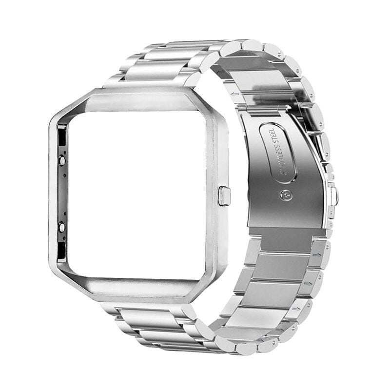 Suitable For Fitbit Blaze Smart Sports Watch Stainless Steel Metal Strap Metal Frame Butterfly Buckle Three Beads Strap (Silver)