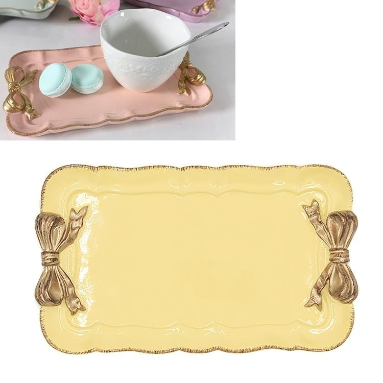 Rectangle Cute Bow Cake Dessert Small Plate Towel Dish Small Jewelry Storage Tray (Yellow)