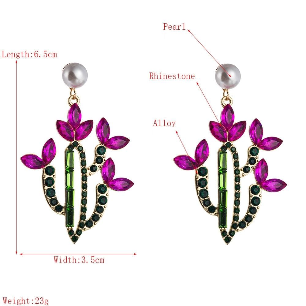 2 PCS Cactus Alloy Retro Earrings With Colored Rhinestones (Coffee)