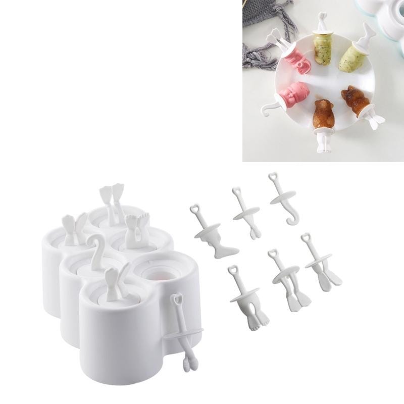 Creative Cartoon Feet Shape Silicone Ice Cube Mold Set Household Frozen Ice Lattice Refrigerator Square Plastic Ice DIY Food Supplement Box with Lid, Style:With 6 Handles (White)