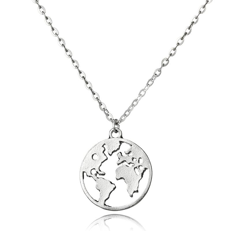Women Bohemian World Map Pendant Necklace Metal Earth Charms Necklaces Jewelry Collars (Silver)