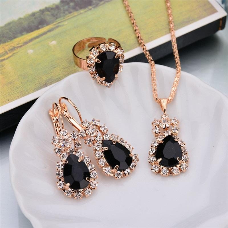 3 in 1 Gold Chain Water Drop Shape Crystal Earrings Necklace Adjustable Rings Set Women Jewelry Sets (Black)