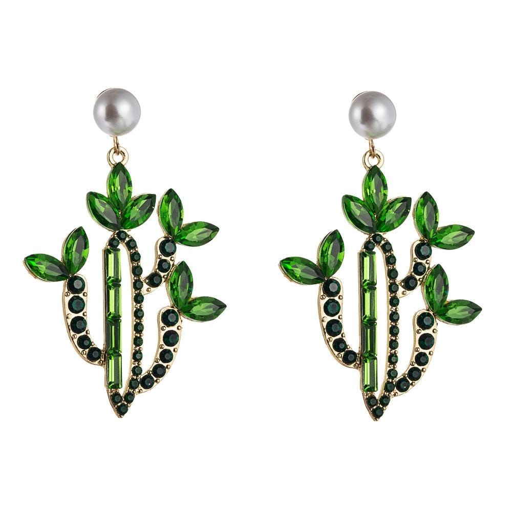 2 PCS Cactus Alloy Retro Earrings With Colored Rhinestones (Green)