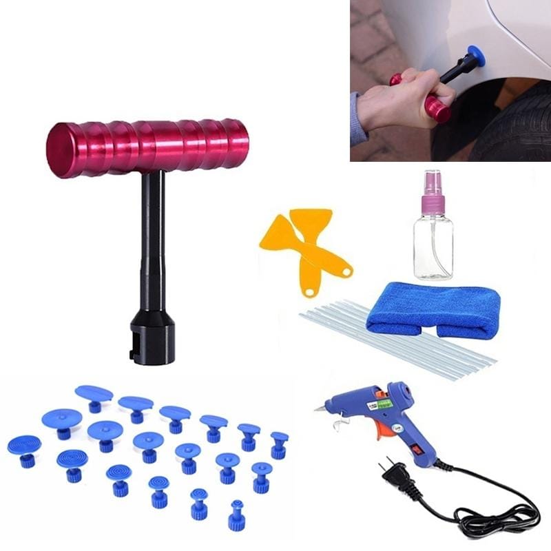 32 PCS Auto Car Metal PDR Dent Lifter-Glue Puller Tab Hail Removal Paintless Car Dent Repair Tools Kit, with 20W Glue Gun, US Plug or EU Plug